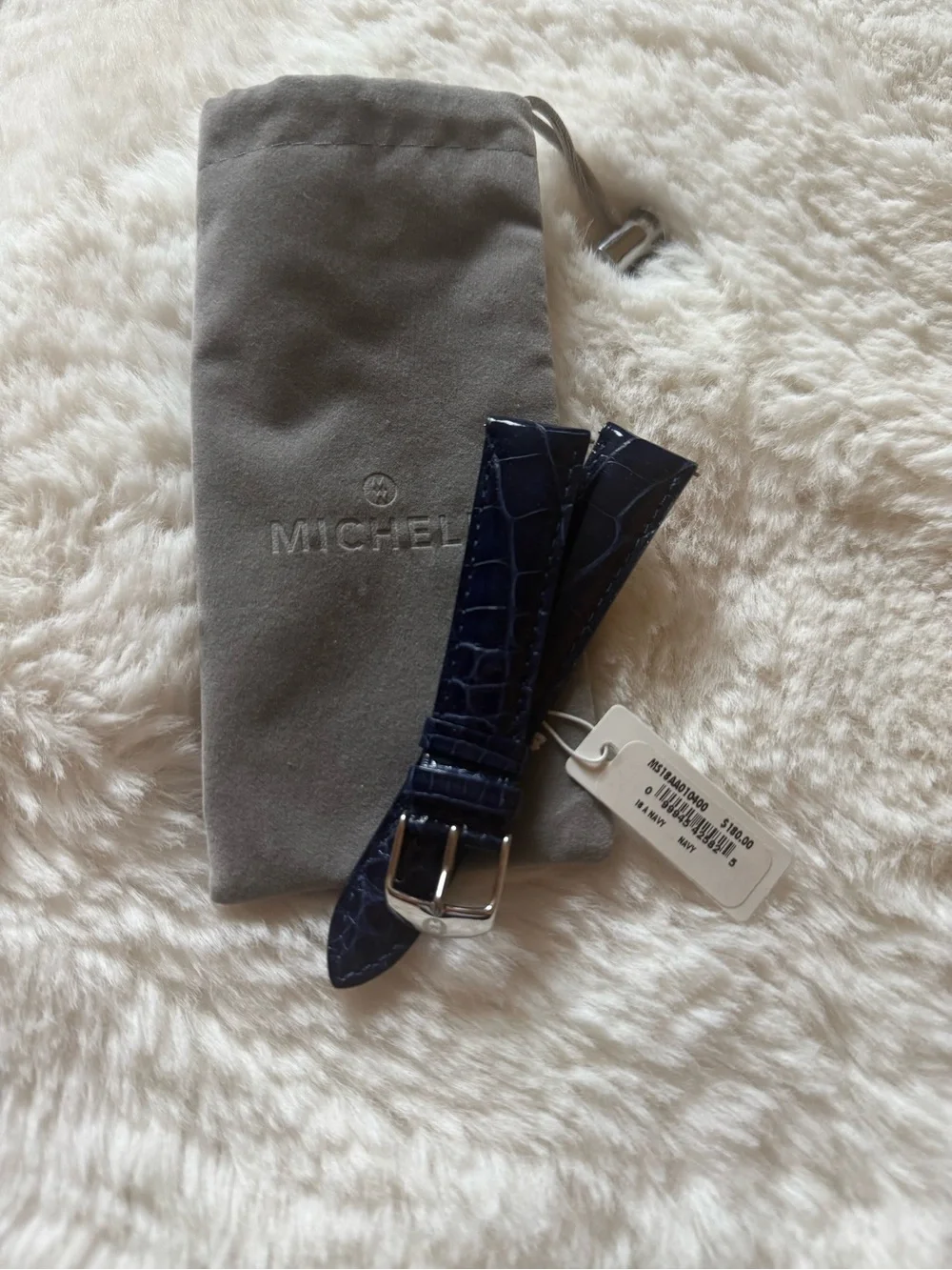 Michele Navy Croc-Embossed Patent Leather Watch Strap with Silver Buckle